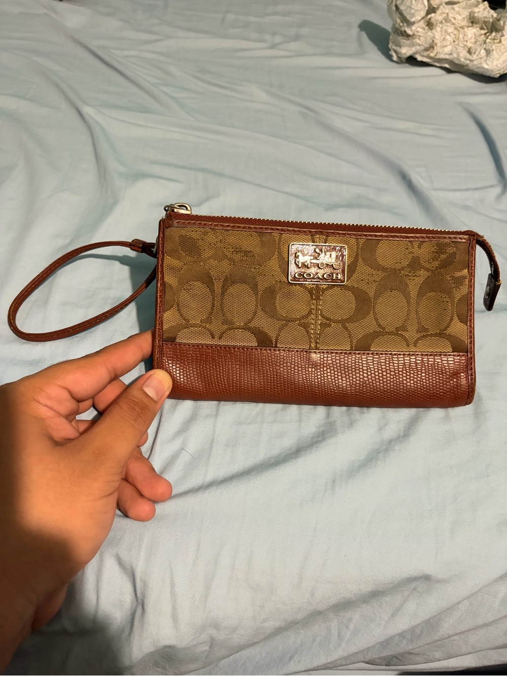 COACH Brown Signature Canvas Wristlet with Leather Trim